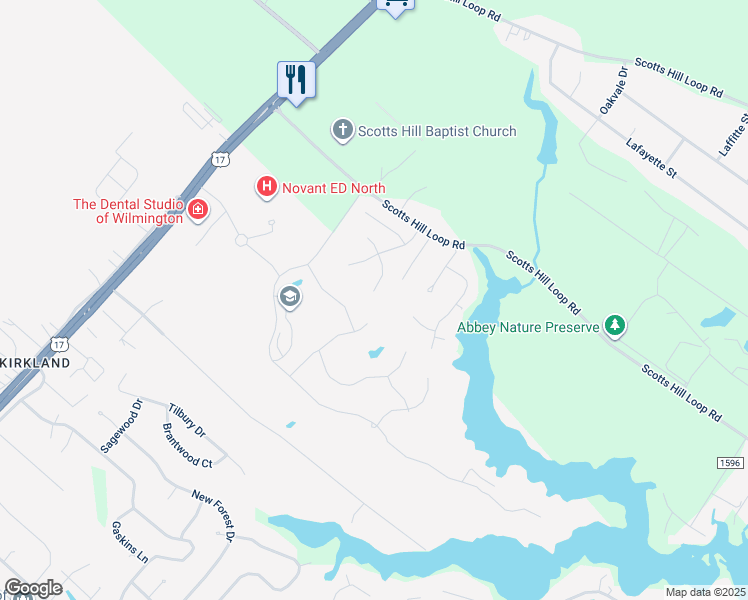 map of restaurants, bars, coffee shops, grocery stores, and more near 9100 Boothbay Court in Wilmington