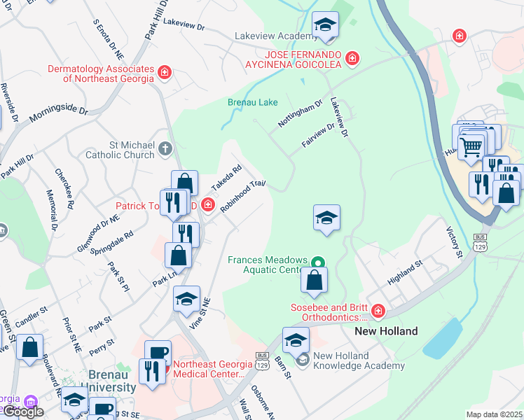 map of restaurants, bars, coffee shops, grocery stores, and more near 1506 Vine Street Northeast in Gainesville