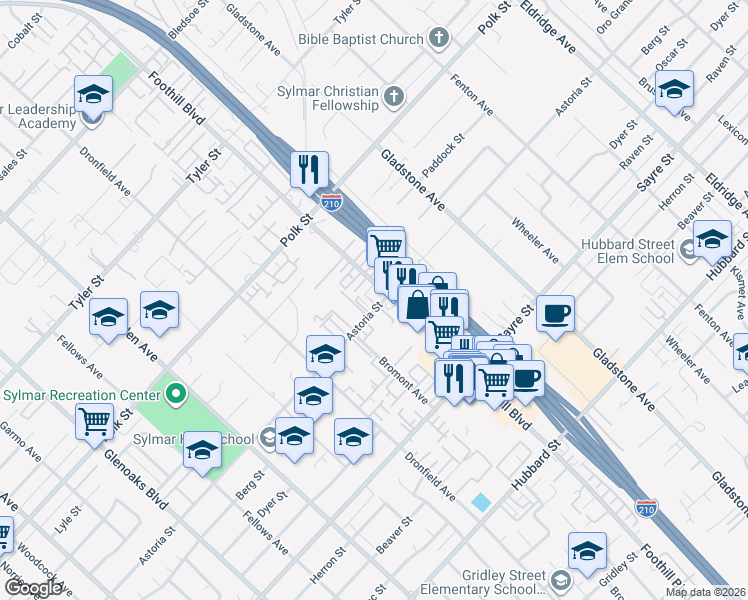 map of restaurants, bars, coffee shops, grocery stores, and more near 13950 Foothill Blvd in Sylmar