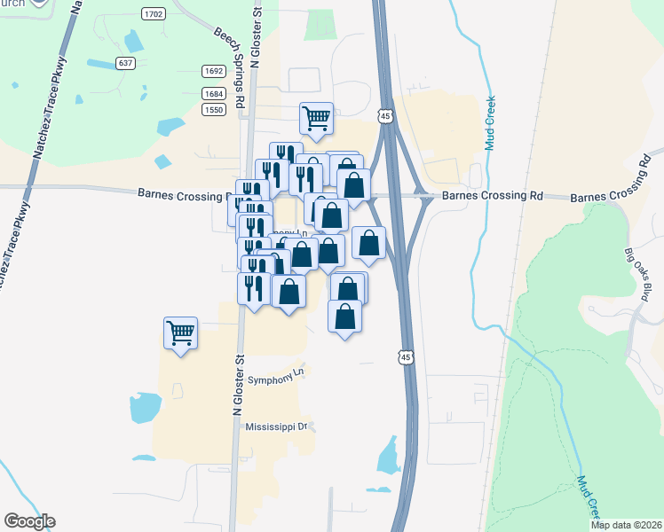 map of restaurants, bars, coffee shops, grocery stores, and more near 4308 Mall Drive in Tupelo