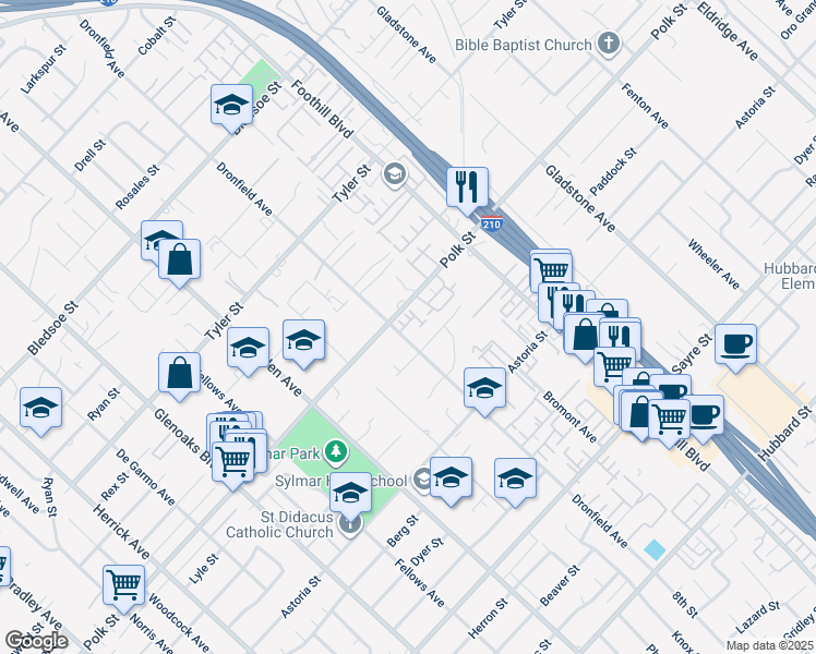 map of restaurants, bars, coffee shops, grocery stores, and more near 13280 Dronfield Avenue in Los Angeles