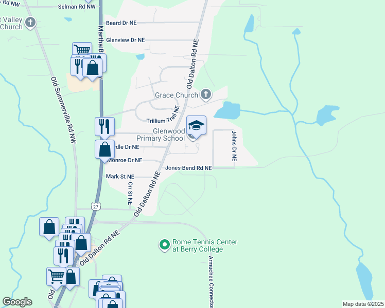 map of restaurants, bars, coffee shops, grocery stores, and more near 75 Glenwood School Road Northeast in Rome