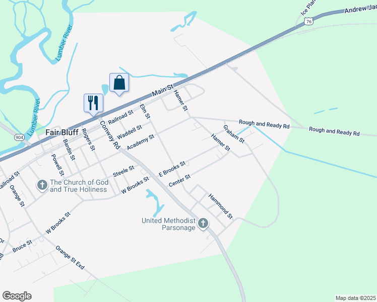 map of restaurants, bars, coffee shops, grocery stores, and more near 217 East Goodman Street in Fair Bluff