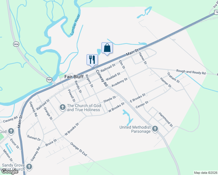 map of restaurants, bars, coffee shops, grocery stores, and more near 931 Academy Street in Fair Bluff