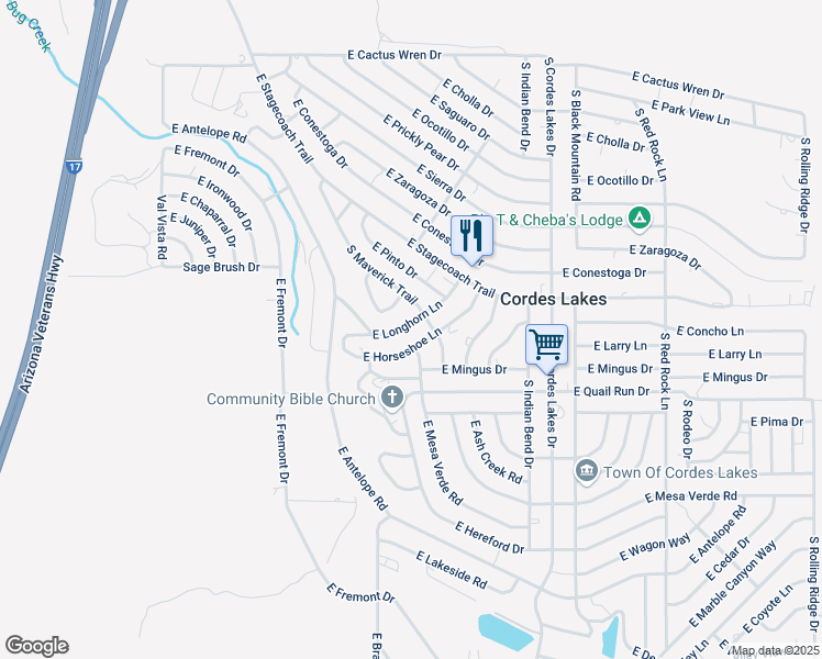 map of restaurants, bars, coffee shops, grocery stores, and more near 20064 East Horseshoe Lane in Mayer