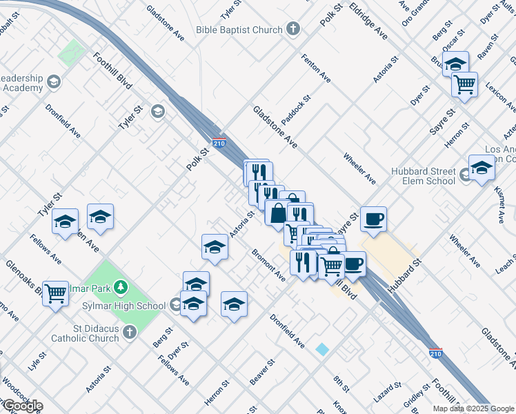 map of restaurants, bars, coffee shops, grocery stores, and more near Foothill Boulevard & Astoria Street in Los Angeles