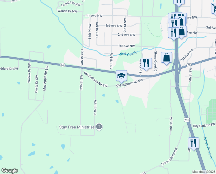 map of restaurants, bars, coffee shops, grocery stores, and more near 1037 Old Cullman Road Southwest in Arab