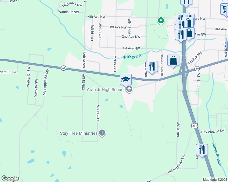 map of restaurants, bars, coffee shops, grocery stores, and more near 1025 Old Cullman Road Southwest in Arab
