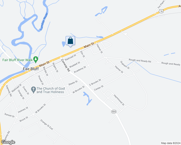 map of restaurants, bars, coffee shops, grocery stores, and more near 260 Elm Street in Fair Bluff