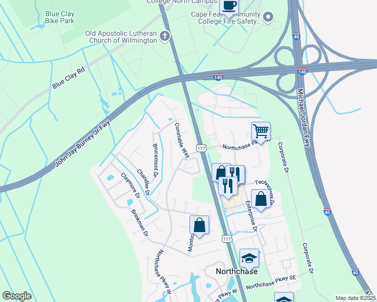 map of restaurants, bars, coffee shops, grocery stores, and more near 3400 Constable Way in Wilmington