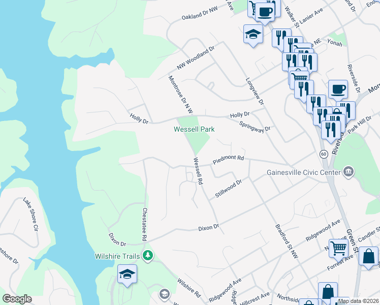 map of restaurants, bars, coffee shops, grocery stores, and more near 1199 Wessell Road in Gainesville