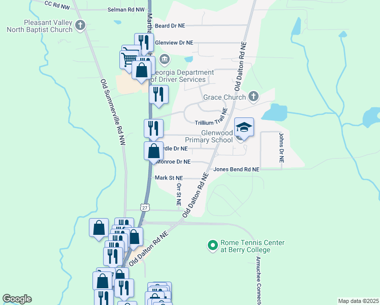 map of restaurants, bars, coffee shops, grocery stores, and more near 21 Monroe Drive Northeast in Rome