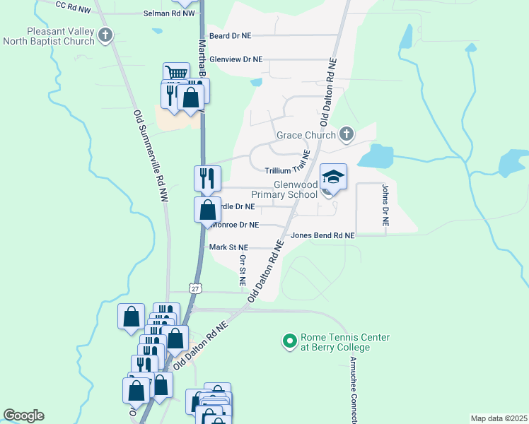 map of restaurants, bars, coffee shops, grocery stores, and more near 20 Cordle Drive Northeast in Rome