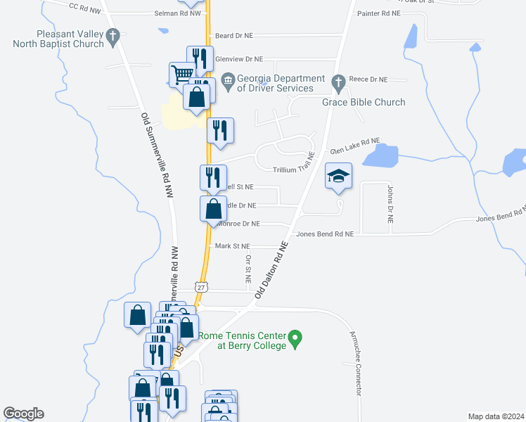 map of restaurants, bars, coffee shops, grocery stores, and more near 18 Cordle Drive Northeast in Rome