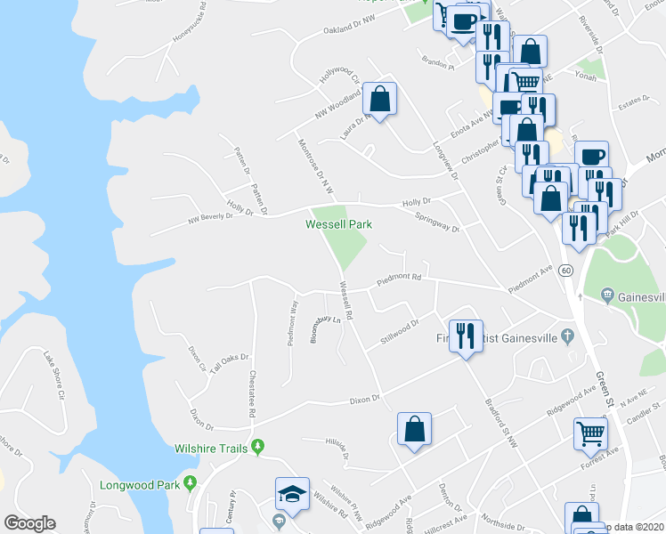 map of restaurants, bars, coffee shops, grocery stores, and more near 1199 Wessell Road in Gainesville
