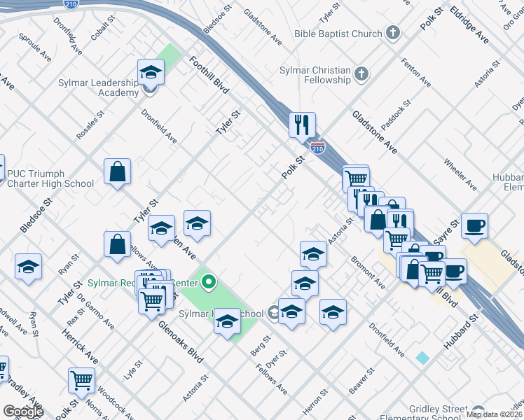map of restaurants, bars, coffee shops, grocery stores, and more near 13280 Dronfield Avenue in Los Angeles