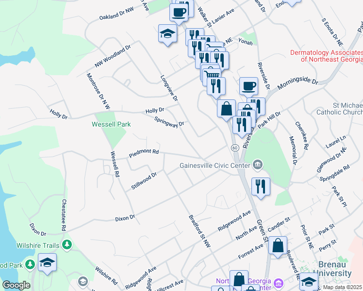map of restaurants, bars, coffee shops, grocery stores, and more near 348 Piedmont Road in Gainesville