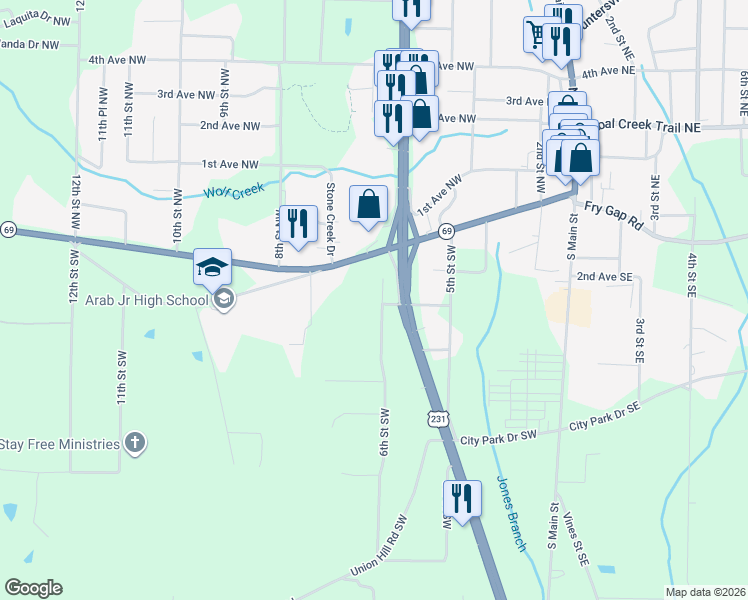 map of restaurants, bars, coffee shops, grocery stores, and more near 318 6th Street Southwest in Arab