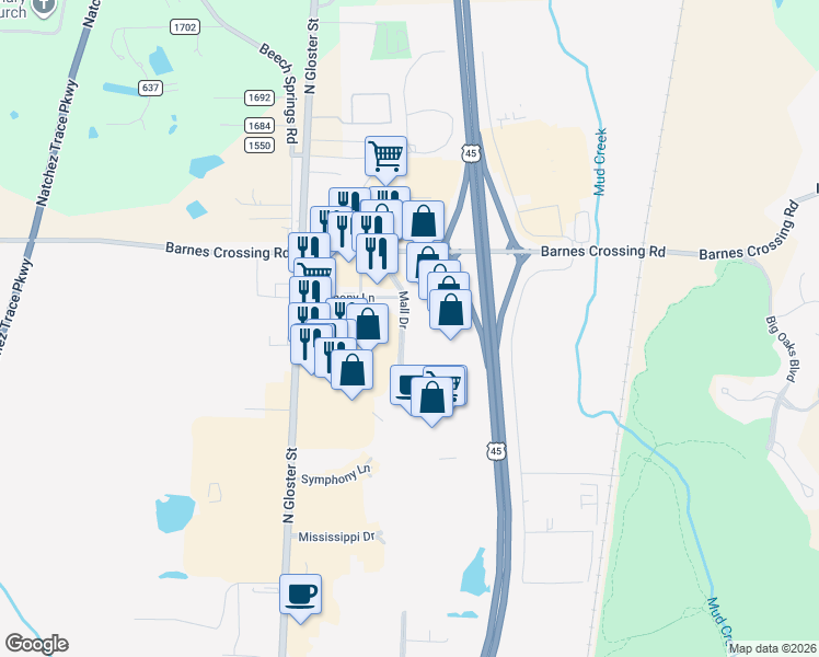 map of restaurants, bars, coffee shops, grocery stores, and more near 4308-4380 Mall Drive in Tupelo