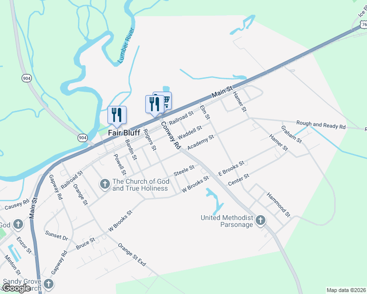 map of restaurants, bars, coffee shops, grocery stores, and more near 931-1051 Academy St in Fair Bluff
