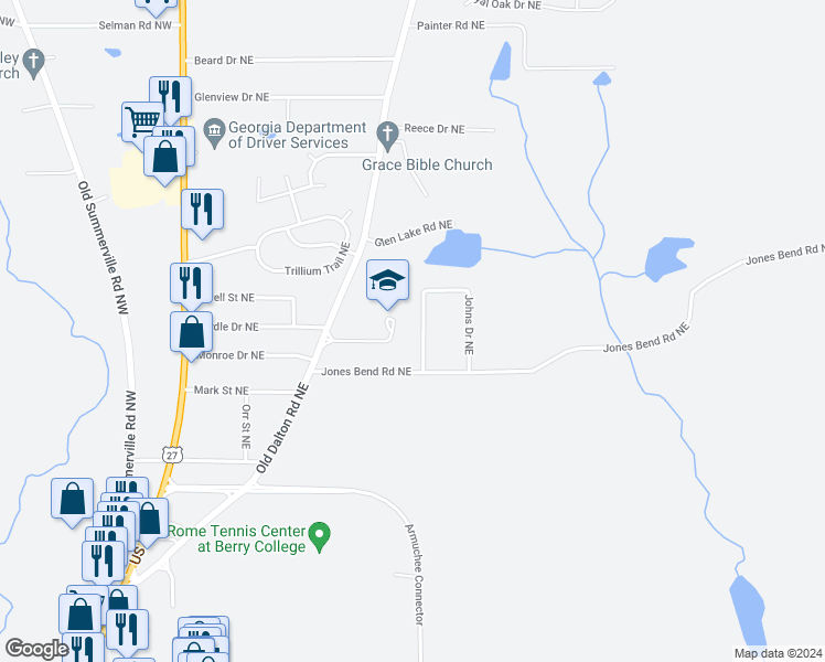 map of restaurants, bars, coffee shops, grocery stores, and more near 7 Johns Drive Northeast in Rome