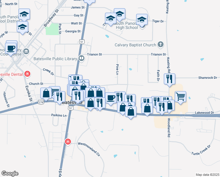 map of restaurants, bars, coffee shops, grocery stores, and more near 203 Moore Drive in Batesville