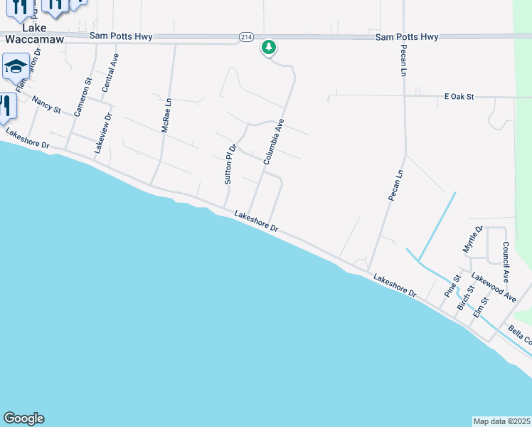 map of restaurants, bars, coffee shops, grocery stores, and more near 712 Robeson Avenue in Lake Waccamaw