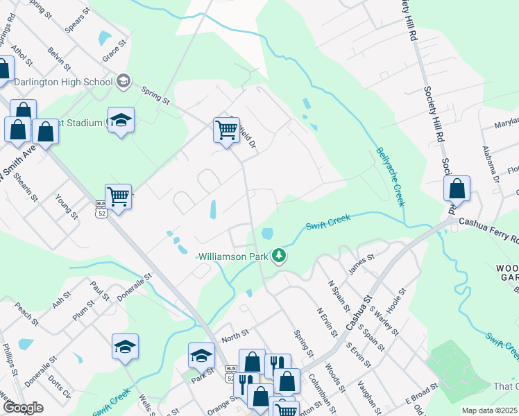 map of restaurants, bars, coffee shops, grocery stores, and more near 304 Spring Street in Darlington