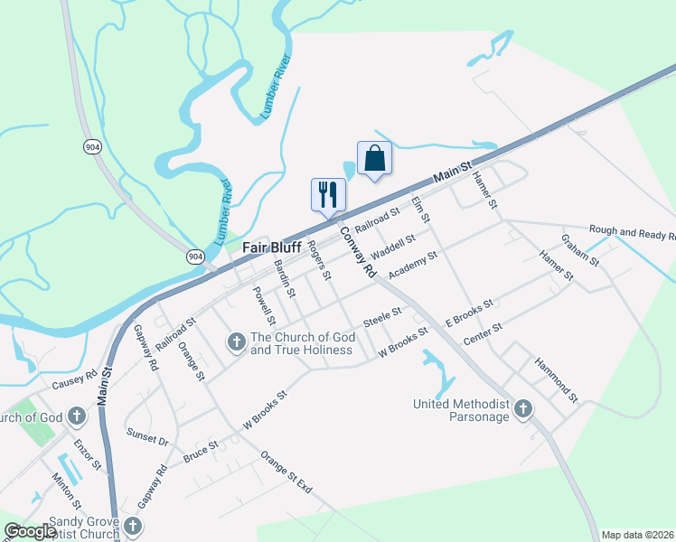 map of restaurants, bars, coffee shops, grocery stores, and more near 165 Rogers Street in Fair Bluff