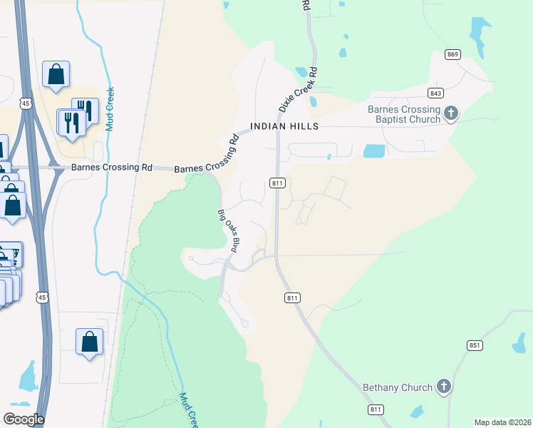 map of restaurants, bars, coffee shops, grocery stores, and more near 1005 Shumard Oak Drive in Saltillo