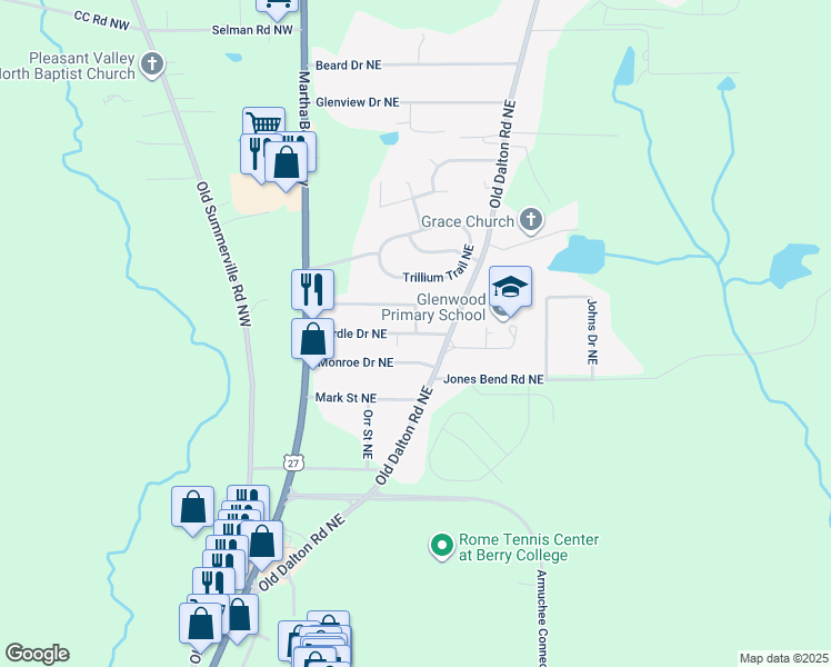 map of restaurants, bars, coffee shops, grocery stores, and more near Cordle Drive Northeast in Rome