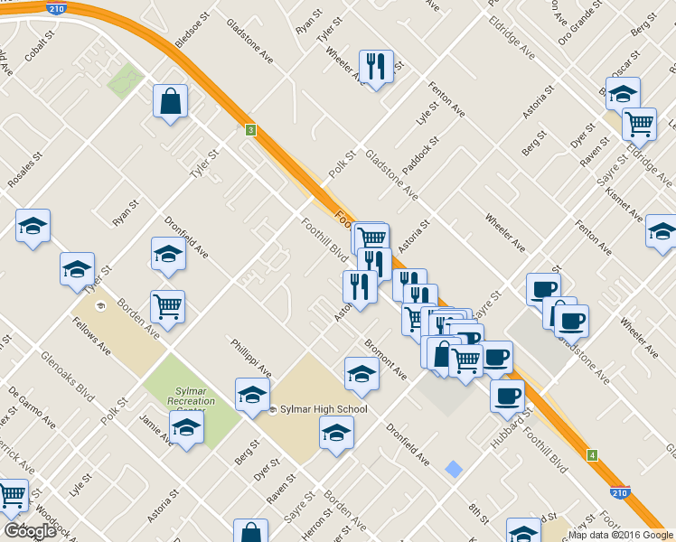 map of restaurants, bars, coffee shops, grocery stores, and more near 14001 Foothill Boulevard in Los Angeles