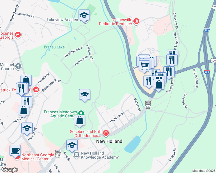 map of restaurants, bars, coffee shops, grocery stores, and more near 515 Lakeview Drive in Gainesville