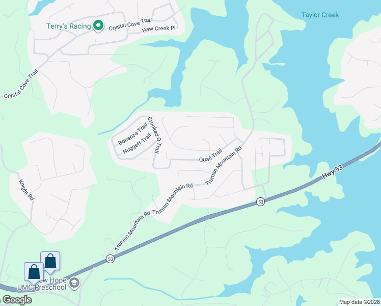 map of restaurants, bars, coffee shops, grocery stores, and more near 5795 Quail Mountain Trail in Gainesville