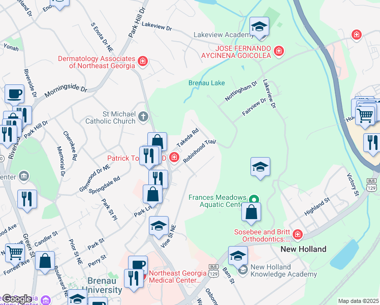 map of restaurants, bars, coffee shops, grocery stores, and more near 1471 Robinhood Trail in Gainesville