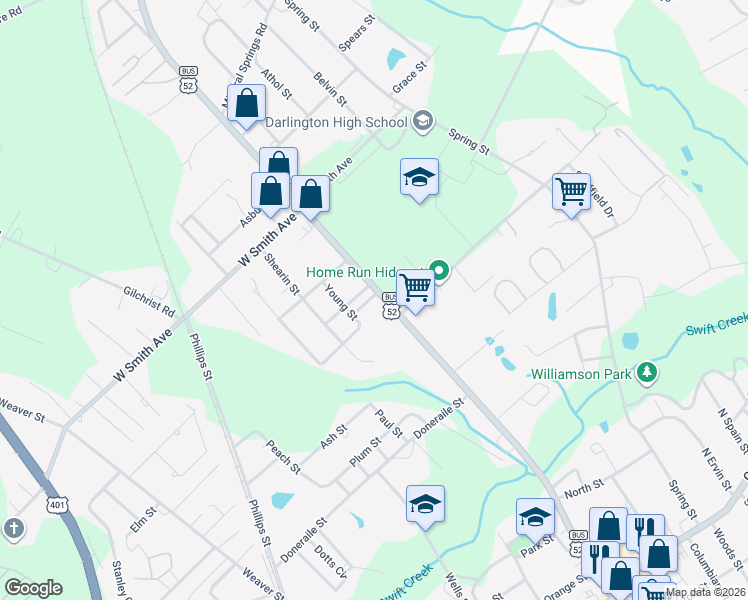 map of restaurants, bars, coffee shops, grocery stores, and more near 501 N Main St in Darlington