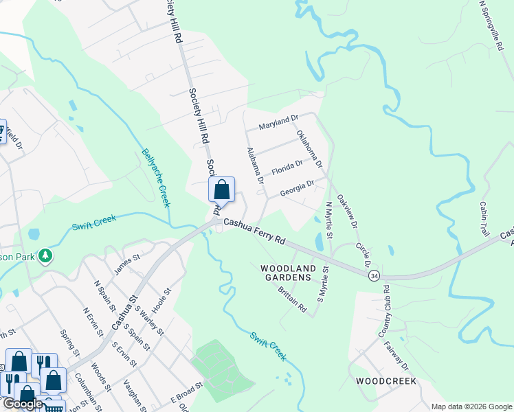 map of restaurants, bars, coffee shops, grocery stores, and more near 106 Min-Lou Circle in Darlington