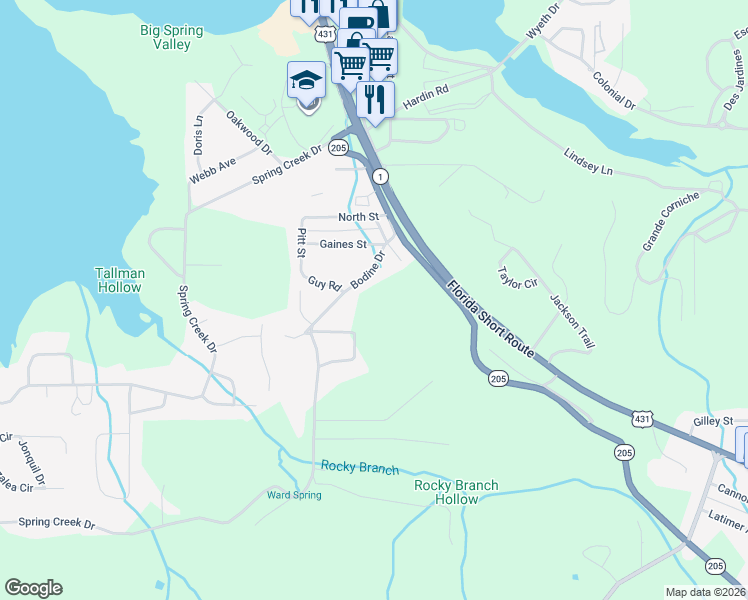 map of restaurants, bars, coffee shops, grocery stores, and more near 5403 Bodine Road in Guntersville