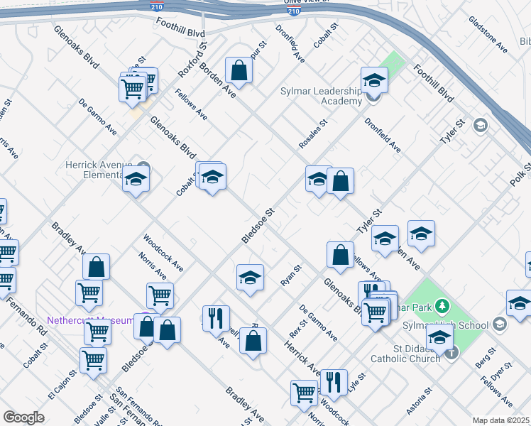 map of restaurants, bars, coffee shops, grocery stores, and more near 14865 Bledsoe Street in Los Angeles