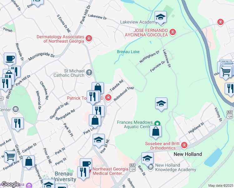 map of restaurants, bars, coffee shops, grocery stores, and more near 1471 Robinhood Trail in Gainesville