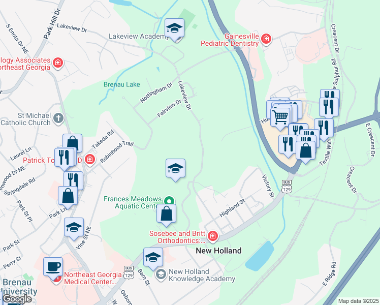 map of restaurants, bars, coffee shops, grocery stores, and more near 515 Lakeview Drive in Gainesville