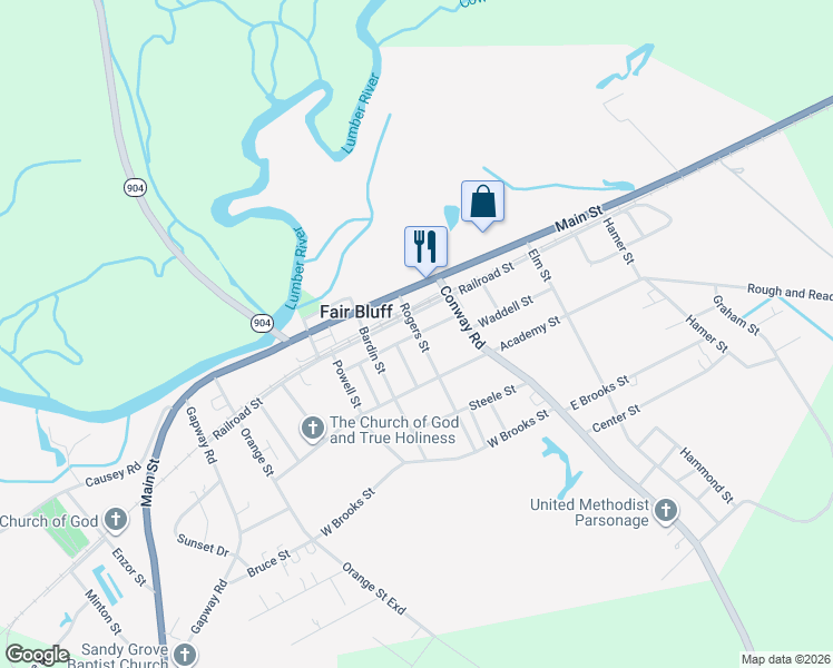 map of restaurants, bars, coffee shops, grocery stores, and more near 189 Anderson Street in Fair Bluff