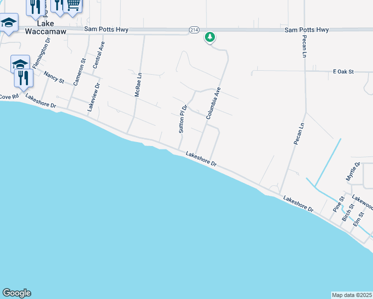map of restaurants, bars, coffee shops, grocery stores, and more near 900 Lakeshore Drive in Lake Waccamaw