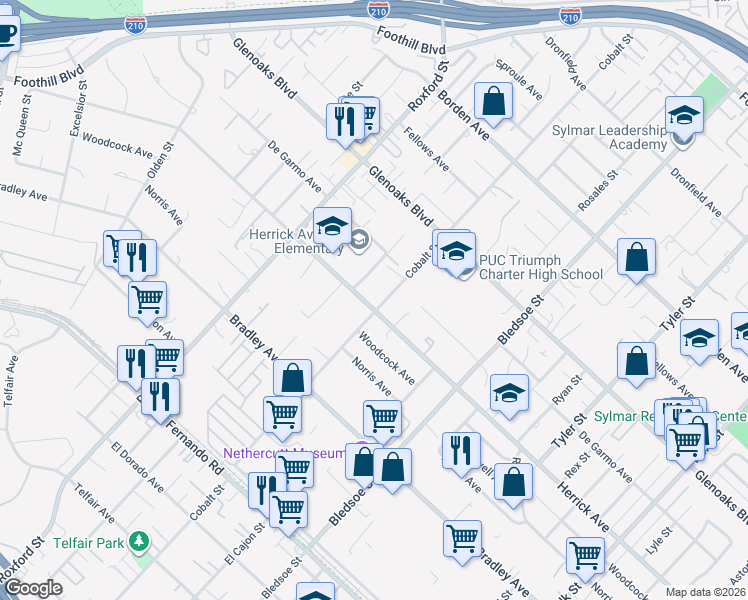 map of restaurants, bars, coffee shops, grocery stores, and more near 15185 Cobalt Street in Los Angeles
