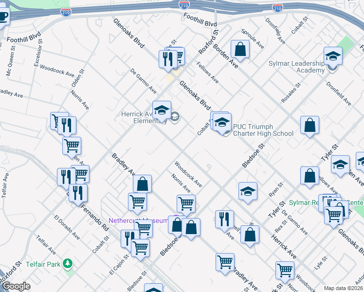 map of restaurants, bars, coffee shops, grocery stores, and more near 15185 Cobalt Street in Los Angeles