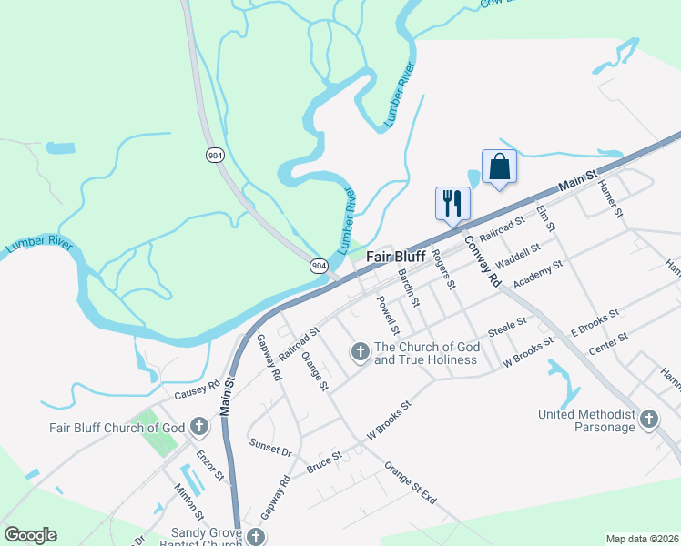 map of restaurants, bars, coffee shops, grocery stores, and more near in Fair Bluff