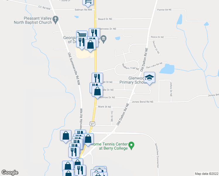 map of restaurants, bars, coffee shops, grocery stores, and more near 9 Cordle Drive Northeast in Rome