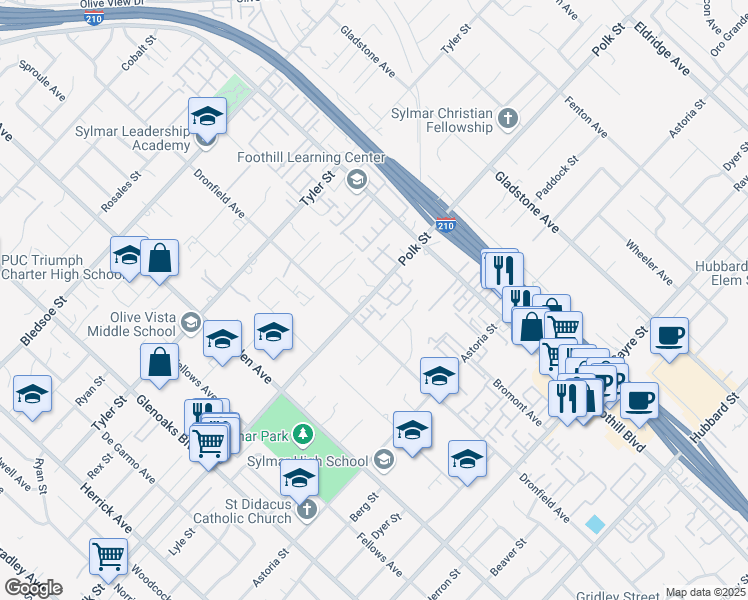 map of restaurants, bars, coffee shops, grocery stores, and more near 14215 Polk Street in Los Angeles