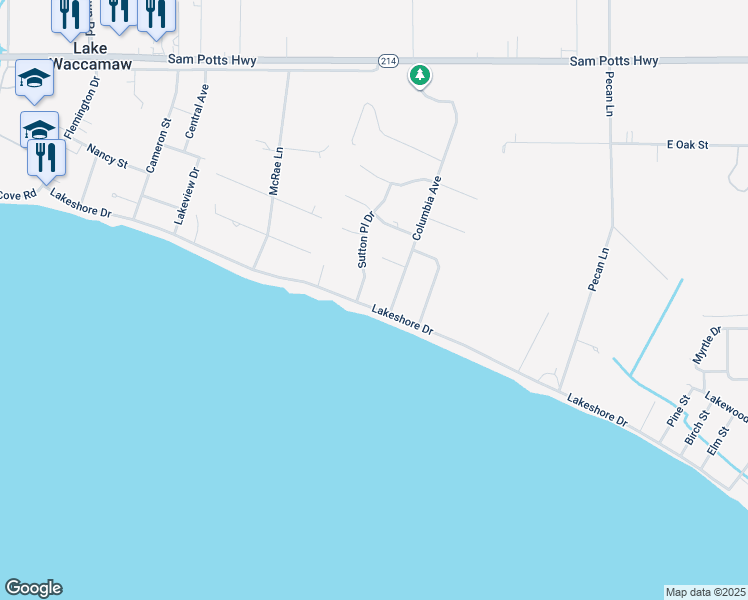 map of restaurants, bars, coffee shops, grocery stores, and more near 900 Lakeshore Drive in Lake Waccamaw