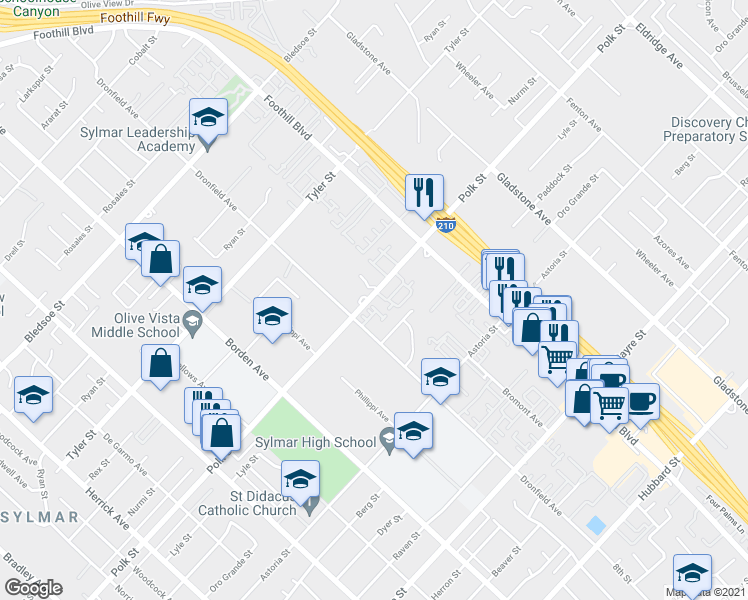 map of restaurants, bars, coffee shops, grocery stores, and more near 14215 Polk Street in Los Angeles